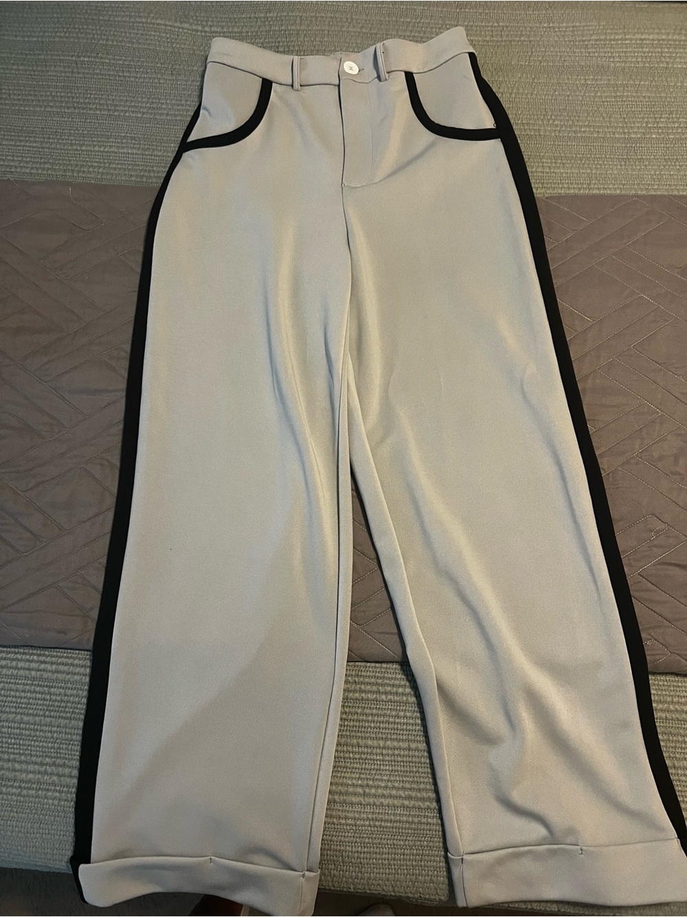 Contemporary Wide-Leg Contrast-Trim dress Pants — Light Gray with black stripe